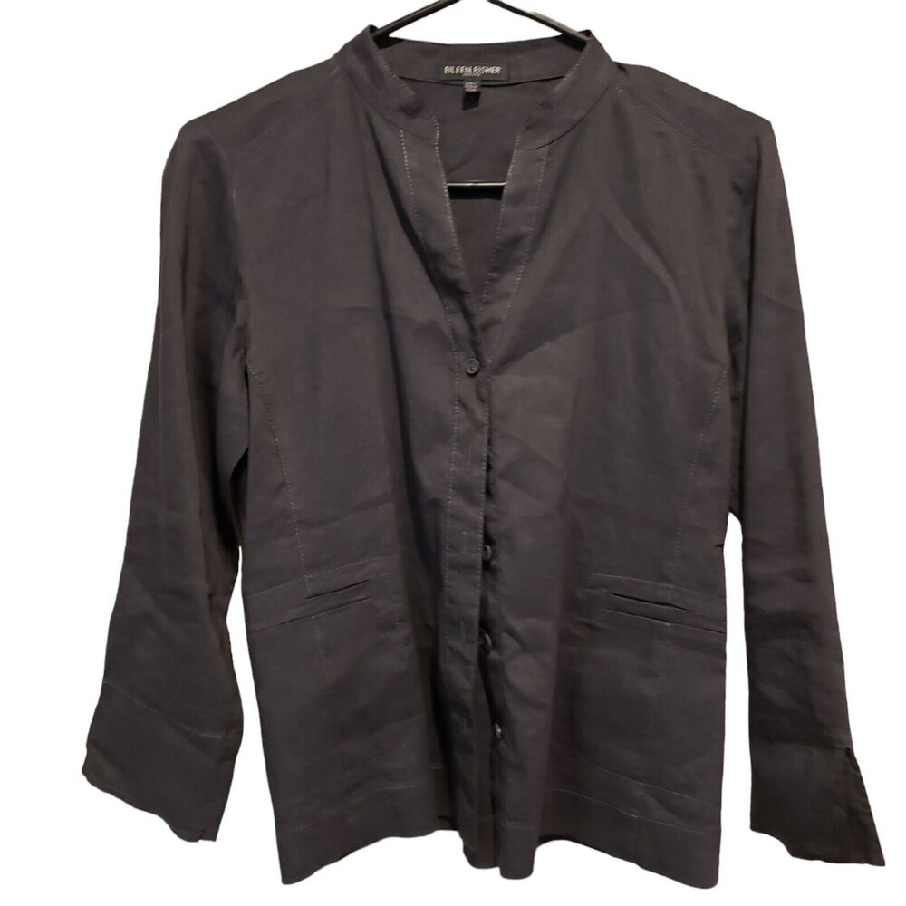 Eileen Fisher Long Sleeve Shirt Gray Blouse Button Down Up Lagenlook Linen Petit